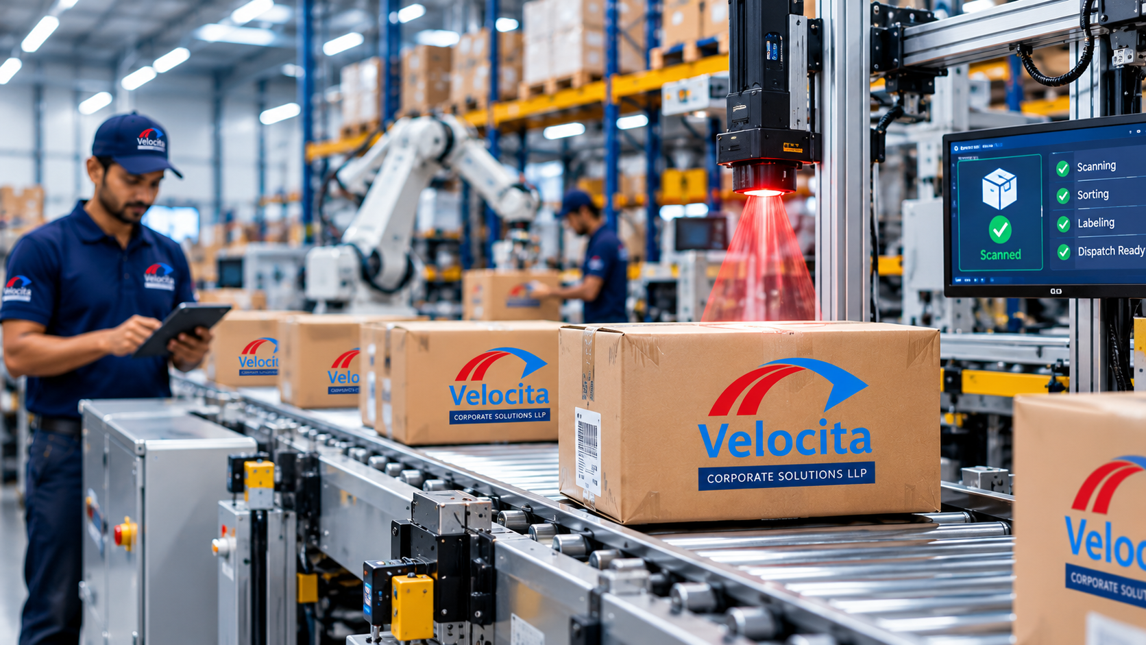 Parcels moving along an automated warehouse conveyor